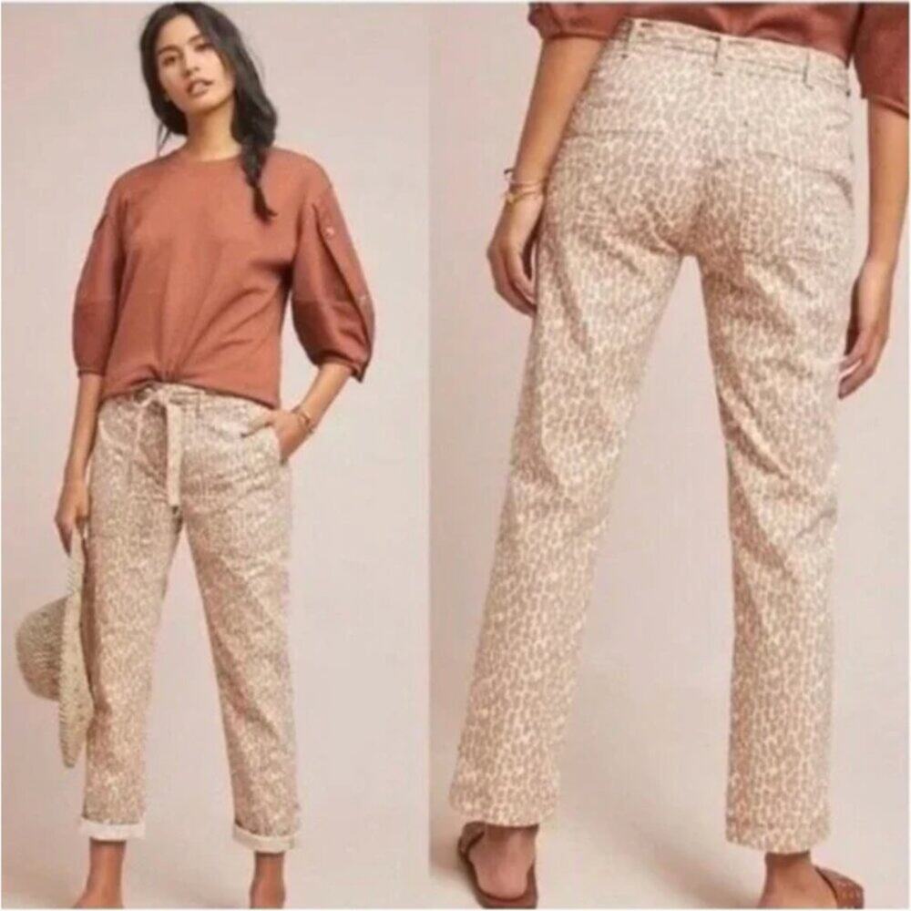 Anthropologie Neutral/Tan Printed Straight-Leg Pants